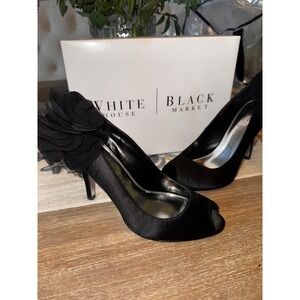 White House Black Market Black Heels Flower Peep‎ Toe Evening Party Shoes 7M
